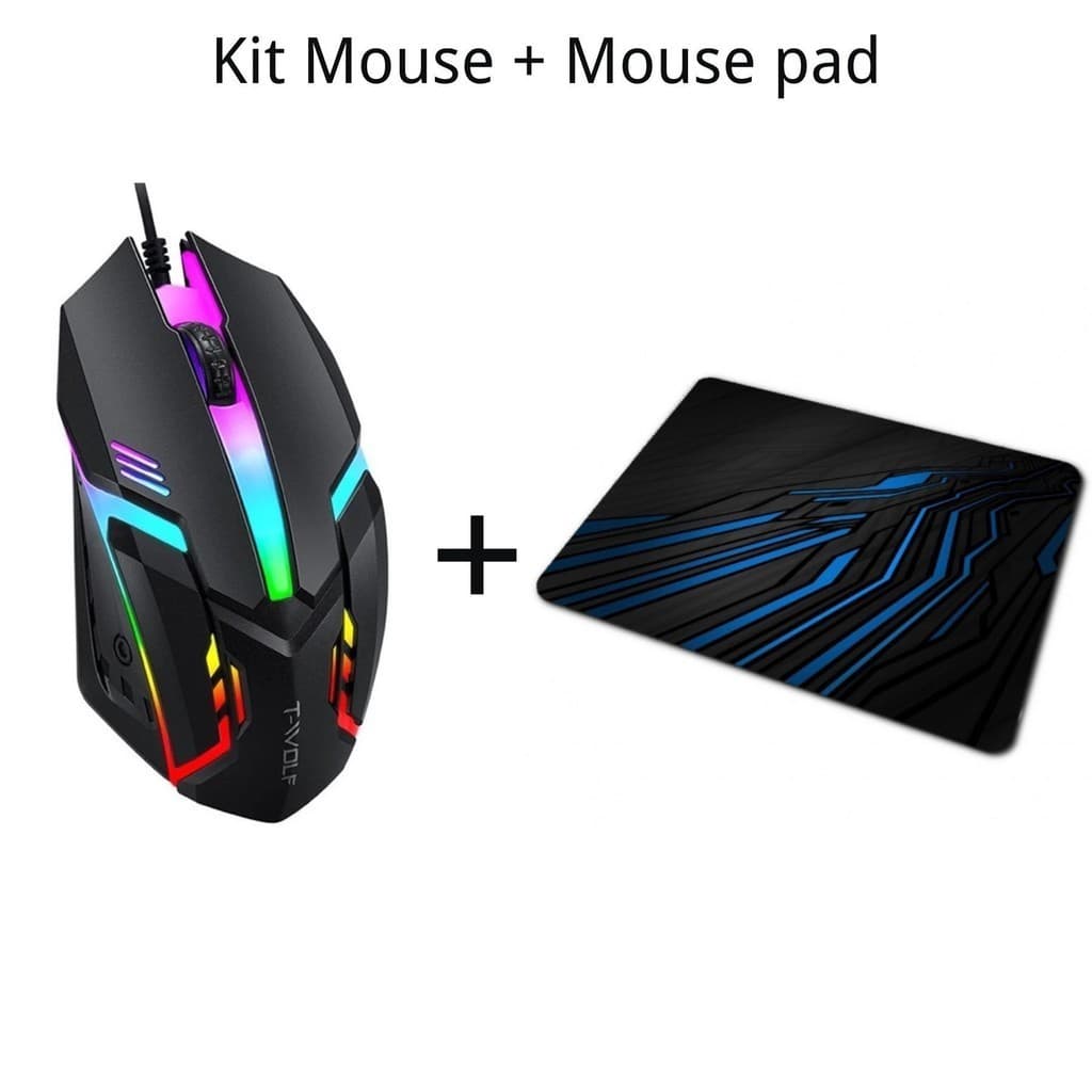 Kit Mouse Gamer com Fio com led rgb + Mouse Pad Preto