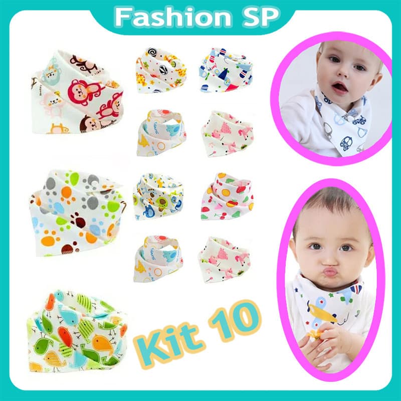 Kit C/10 Babadores Bandana Bebê Dupla Face Babador Bandana Menino Menina Com 2 Botões