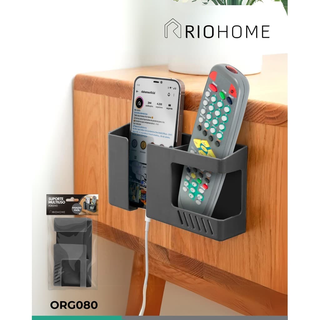 Suporte de Parede Porta Objetos 2 em 1 Sem Furar Multifuncional Para Celular, Controle de TV e Ar, Cabeceira, Banheiro