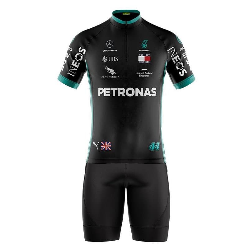 CONJUNTO CICLISMO BERMUDA E CAMISA PETRONAS PRETA COM BOLSOS UV 50+