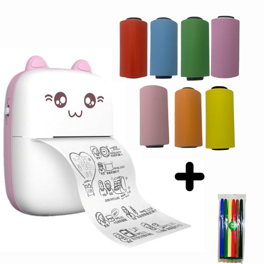 Impressora Térmica Gatinho + 7 Rolos de Etiqueta Colorida Contínua – Portátil, Bluetooth, Ideal para Organização