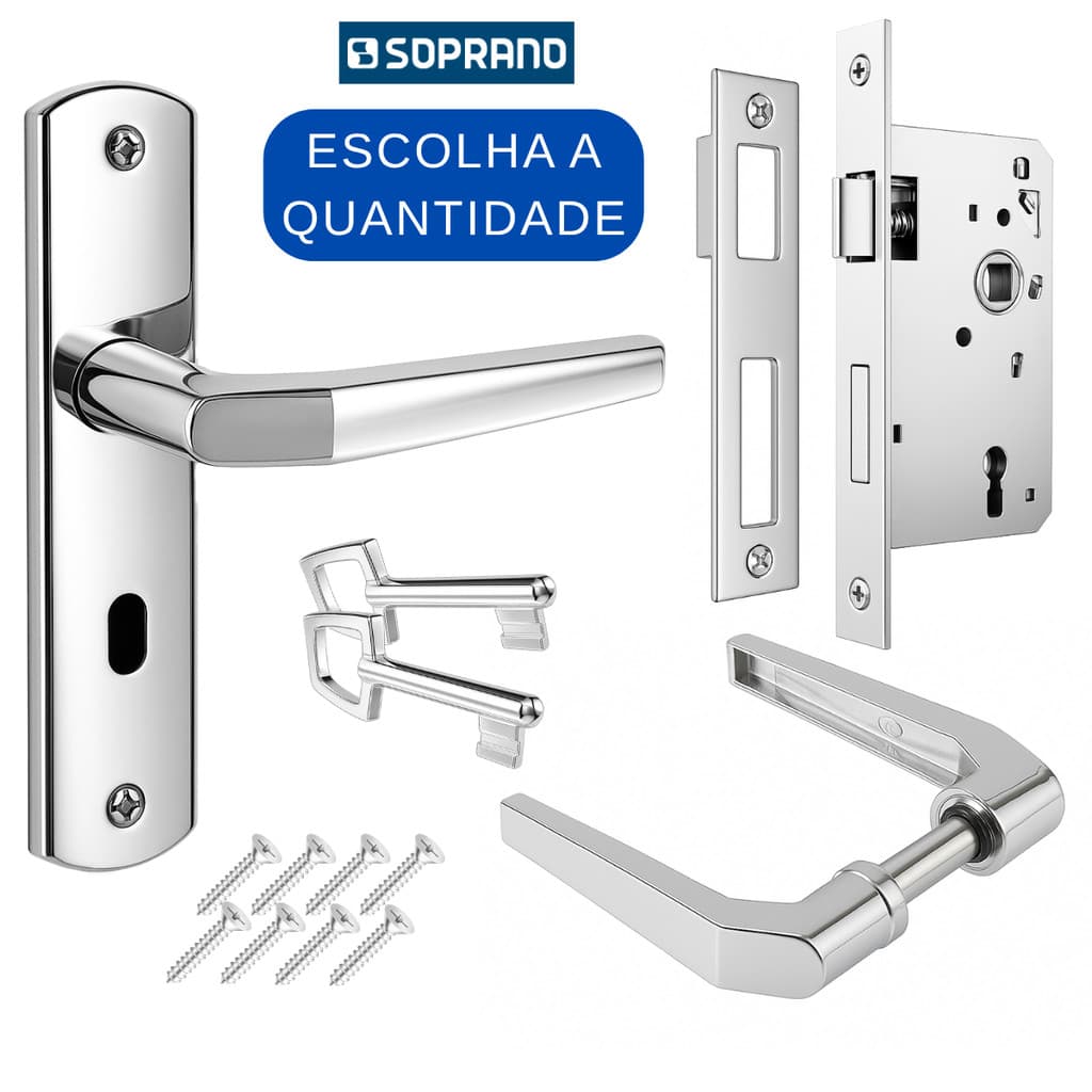 Fechadura Completa Residencial Interna Porta de Madeira Quarto Soprano Popline Cromada Caixa 40mm