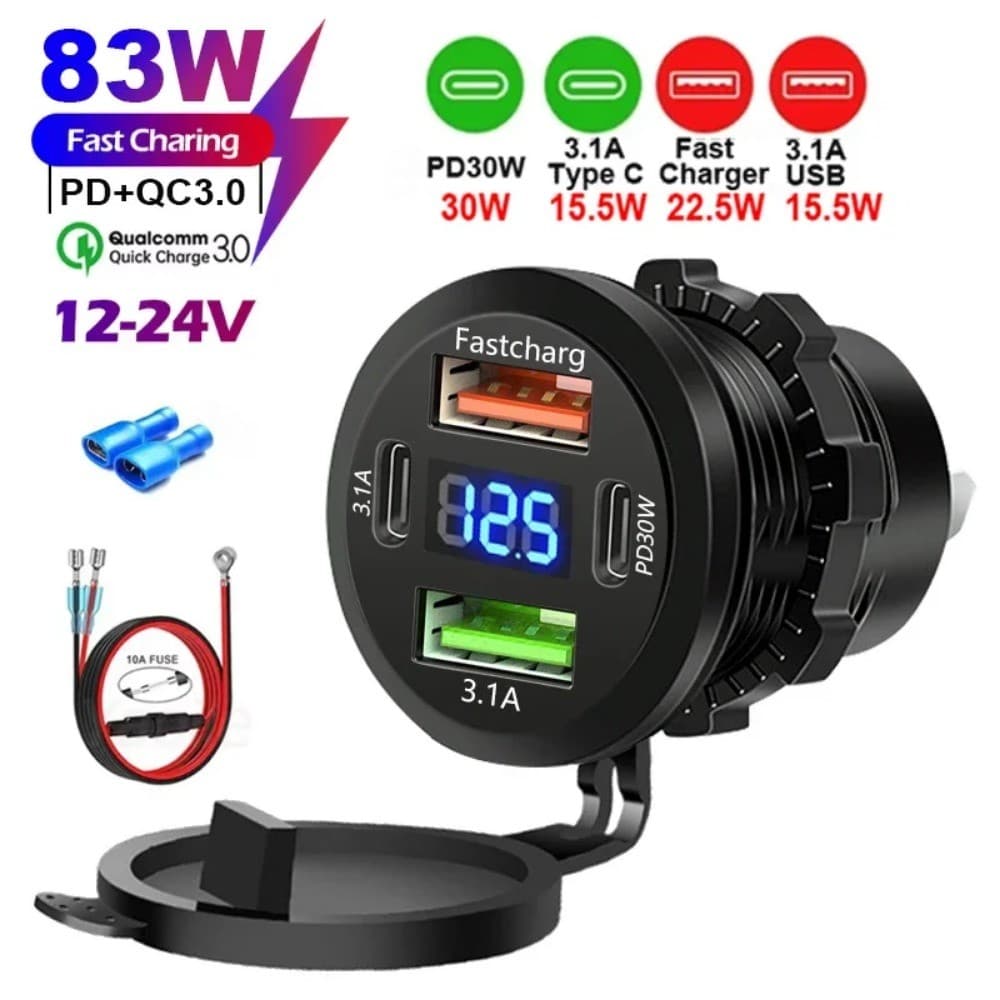 Novo 4 Portas Duplo PD QC 3.0 USB Carregador De Carro Com Voltímetro Tomada Adaptador De Energia À Prova Dwaterproof Águ