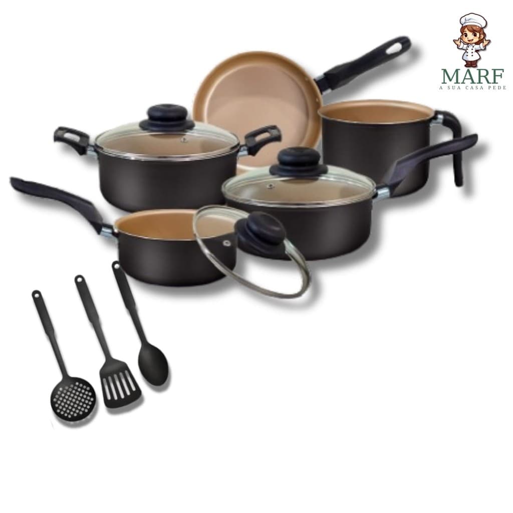 Jogo de Panelas 8 Peças Antiaderente Premium Teflon 5 Camadas com Tampa de Vidro – MARF