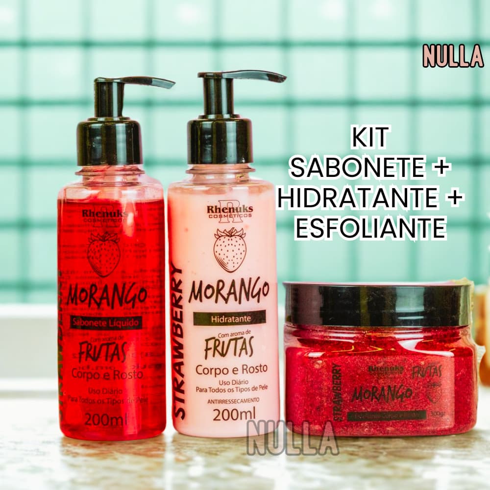 KIT SABONETE + HIDRATANTE + ESFOLIANTE MORANGO CORPO E ROSTO RHENUKS
