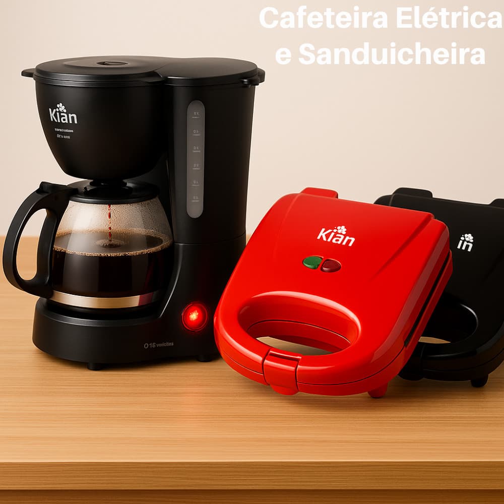 Kit Cafeteira Elétrica + Sanduicheira Grill Antiaderente Kian 127V/220V Preto ou Vermelho