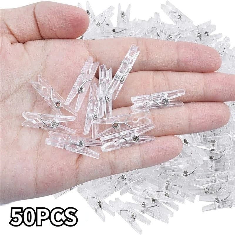 50 Pcs Transparente Primavera Pendurado Clipes Clipe Linha De Roupas De Plástico Mini Fotos De Papel Artesanato Decoraçã