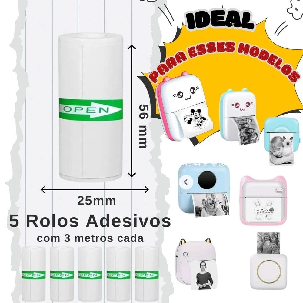 Kit 5 Bobina Etiqueta Térmica Adesiva 57x30mm Branco Rolo Mini Impressora Portátil a Prova De Água