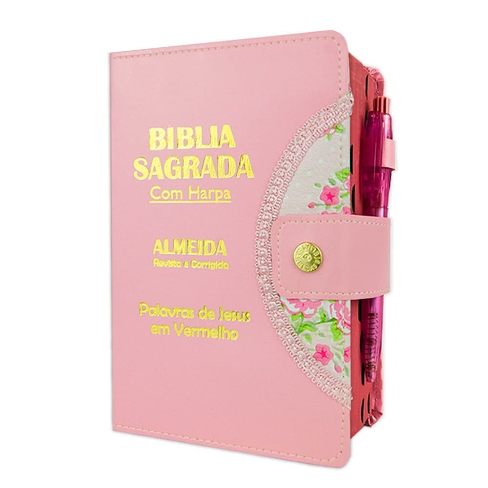 Bíblia Sagrada Letra Grande - Rosa - Botão e Caneta Revista e Corrigida - Com Harpa-