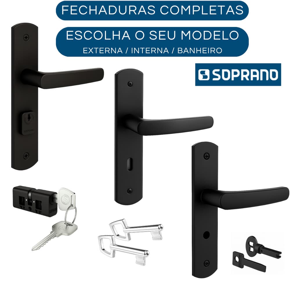 Fechadura Porta de Madeira Soprano Ipanema Completa Inoxidável Externa Interna Banheiro Caixa 40mm