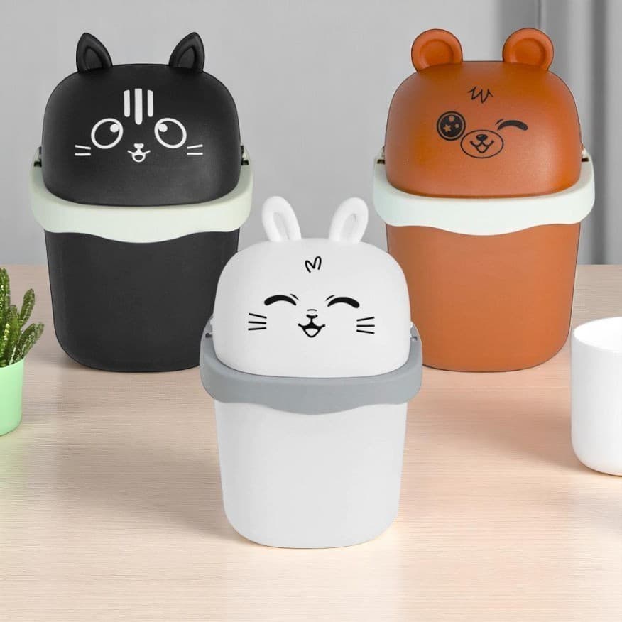Lixeira Decorativa 1,5 Litros com Urso, Coelho e Gato - Ideal para Banheiros Pia e Escritórios