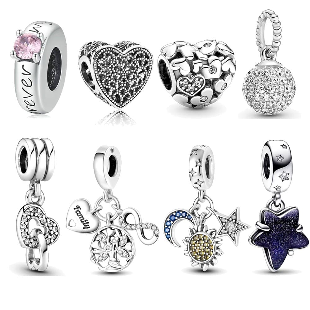 Pulseira de casal com coração de diamante em prata 925 com contas