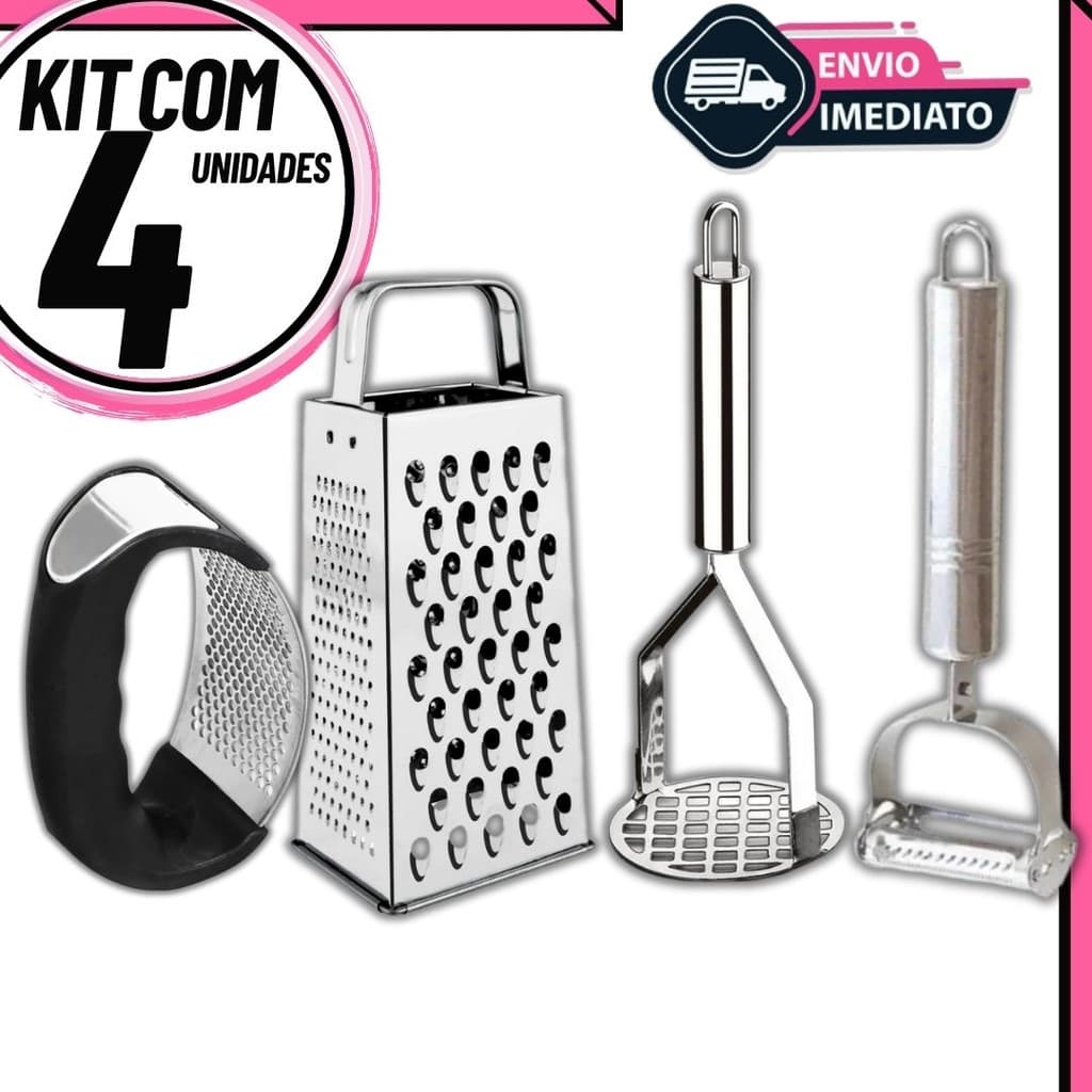 Kit 4 Utensílios de Cozinha Amassador de Batata e Alho Descascador de Legumes e Ralador Inox