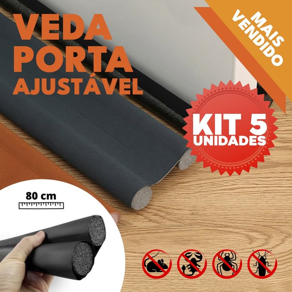 Kit 5 Veda Porta Proteção Ajustável Protetor de Porta Rolinho Impermeável Duplo 80cm Comprimento