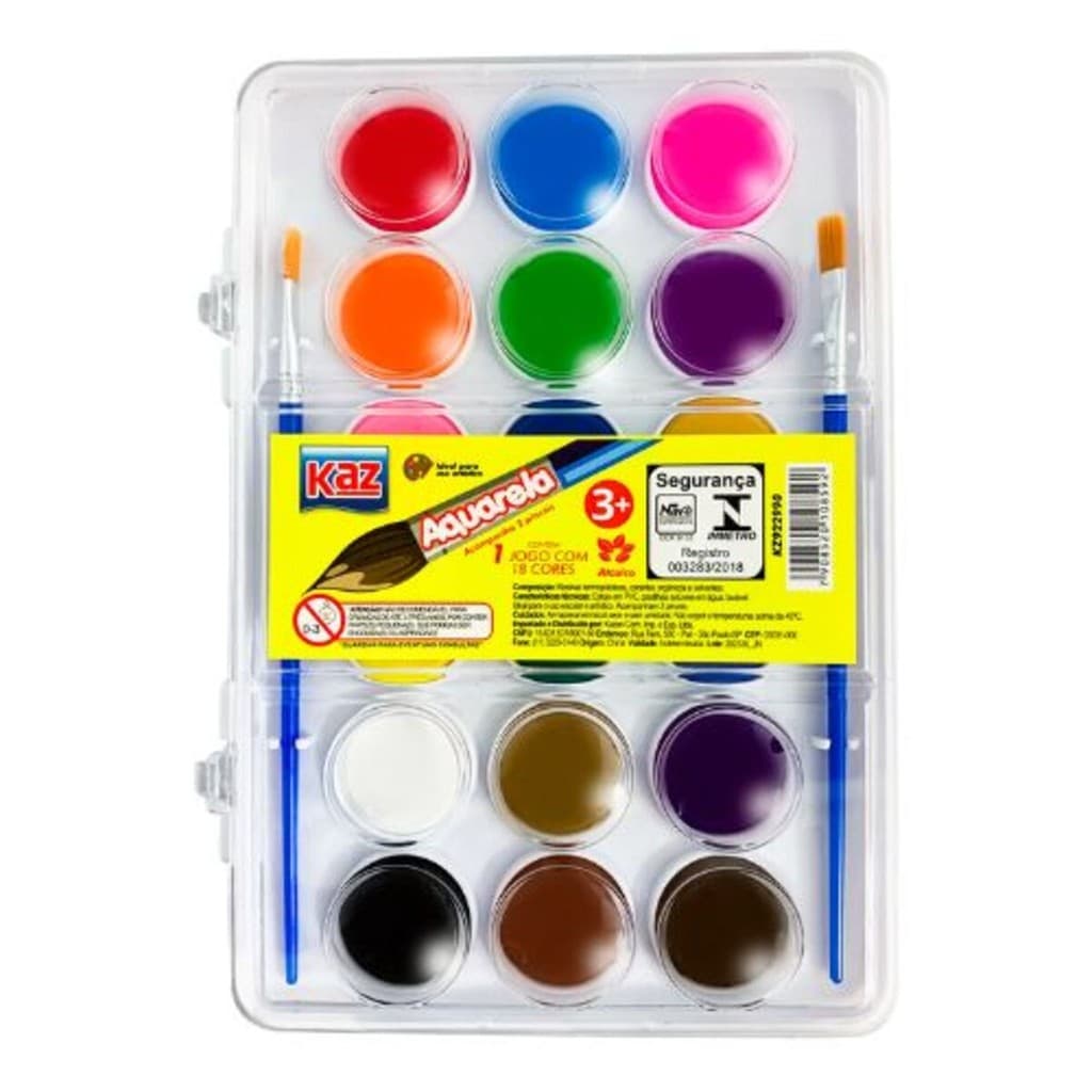 Aquarela Kit Pintura Estojo C/ 18 Cores + 2 Pincéis Infantil Cor Branco