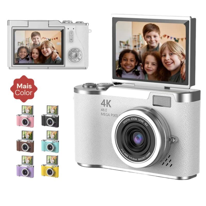 Câmera Digital CCD 2025 NOVA 48MP com Tela Flip 4K 8X Zoom | Presente Estudante Portátil Selfie Vlog