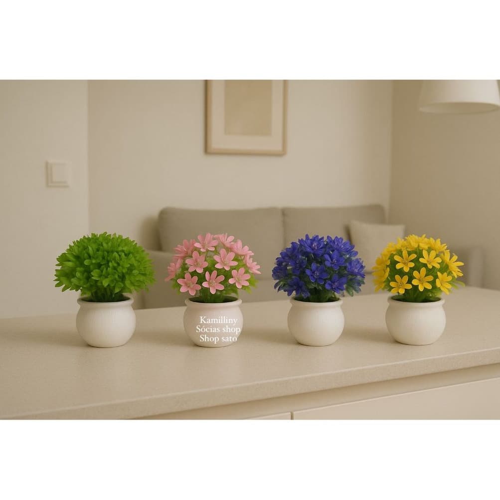 Arranjo Vasinho Redondo com musgo e Flores Artificias Mini Bonsai Bola Enfeite