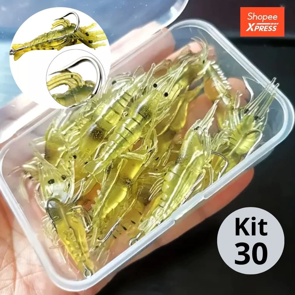 Kit com 30 Isca De Pesca Camarão Macio 4cm Isca Artificial Anzol Em Silicone