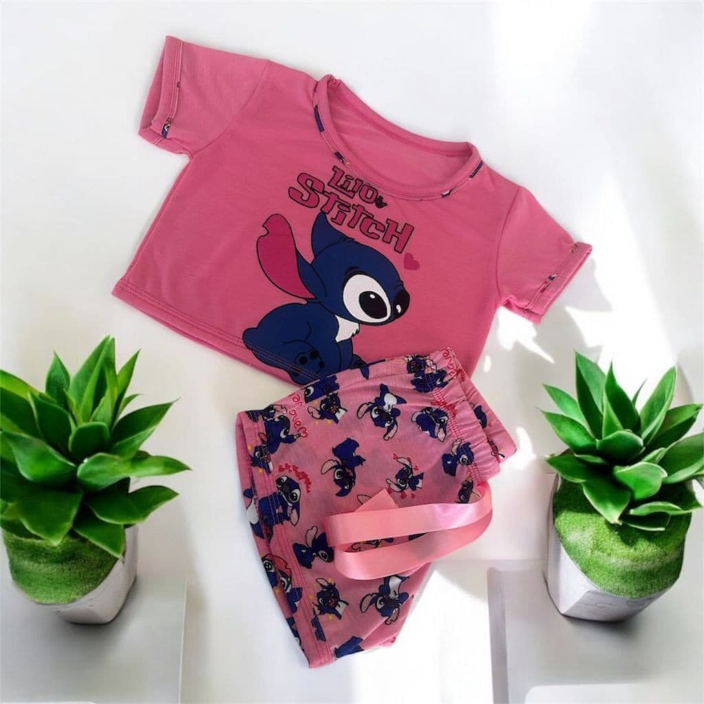 Pijama satin Feminino Infantil Menina Short Dool de Meia Manga Stitch Festa  Personagens Baby Doll Roupa De Dormir