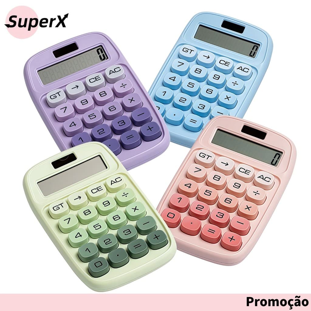 Calculadora Mini com Tela Grande de 10 Dígitos – Dupla Alimentação Solar e à Pilha – Cores Degradê Estilo Macaron