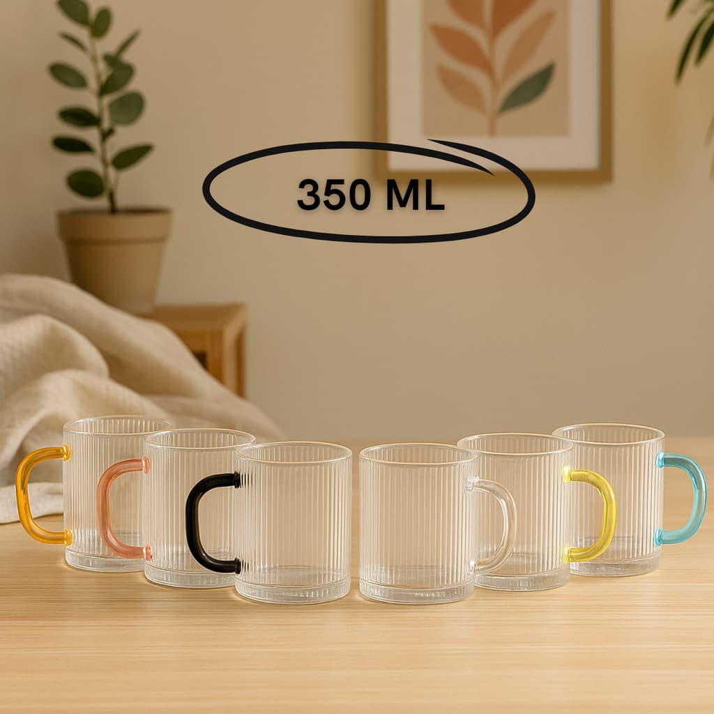 Kit 6 canecas coloridas 350 ml moderna vidro canelado