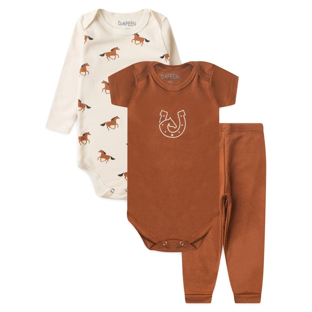 Kit Roupas Bebê Menino Algodão | Body Mijão Pagão Estampa Cavalo Off White