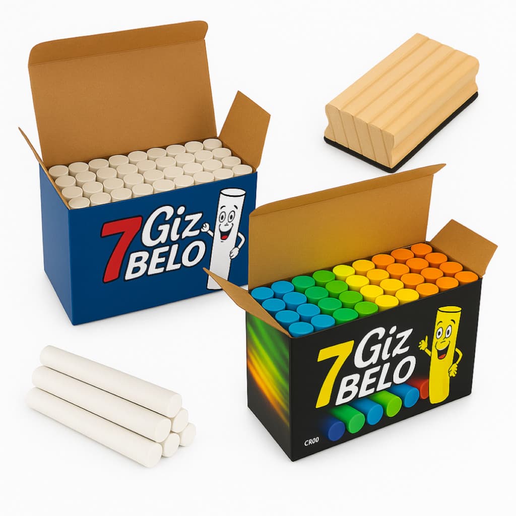 Kit Giz Escolar Branco e Colorido Plastificado 50 Unidades Apagador Lousa Quadro Negro Antialérgico Não Suja