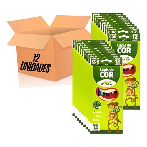 Kit 12 Caixas Lápis De Cor 12 Cores Eco  Leoleo 144 Lapis Escolar
