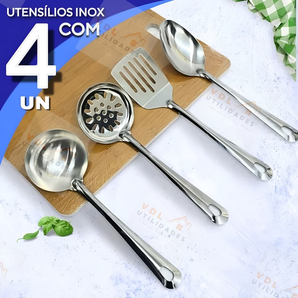 Kit Utensílios Para Cozinha 4 Peças Aço Inox Colher De Arroz Escumadeira Concha