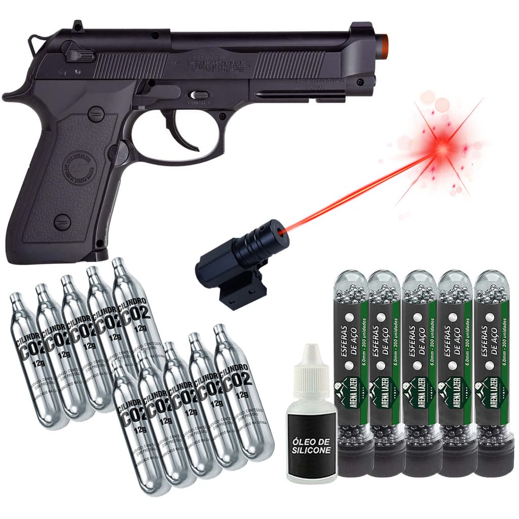 Kit Pistola de Pressão Rossi M9 6mm + CO2 12g + Esferas Aço + Óleo Silicone + Laser
