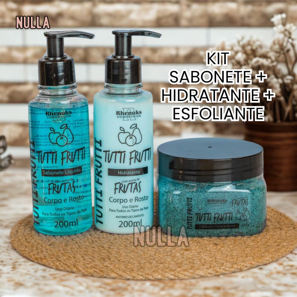 KIT SABONETE + HIDRATANTE + ESFOLIANTE TUTTI FRUTTI CORPO E ROSTO RHENUKS