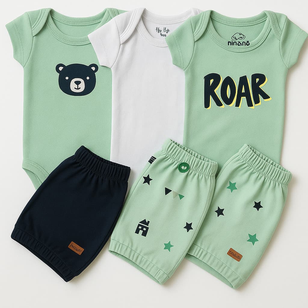 Conjunto 4 Peças Bebê Menino 2 Body Manga Curta + 2 Shorts Algodão Enxoval Maternidade