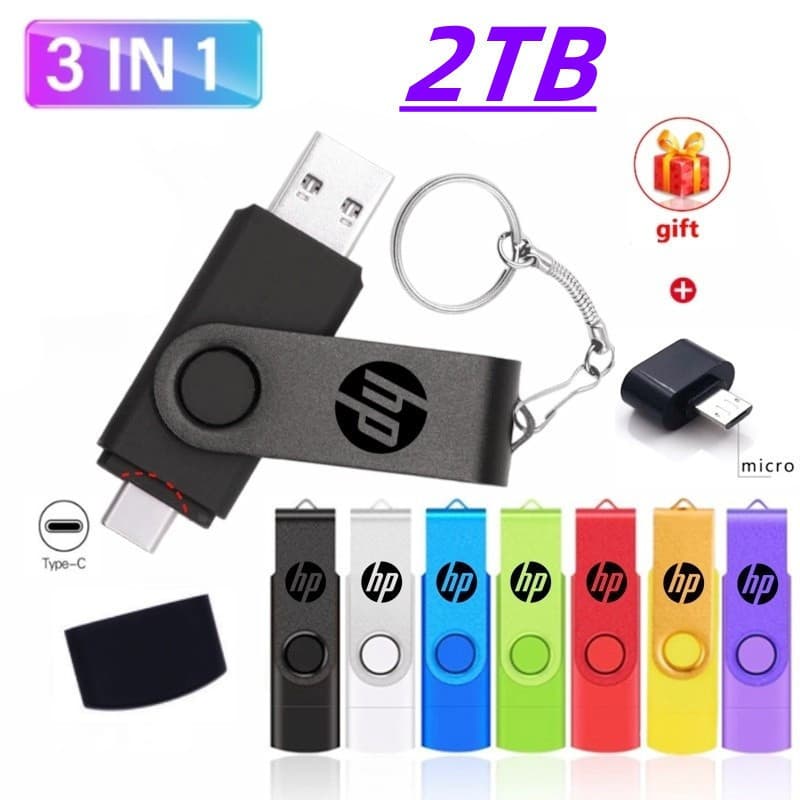 Disco flash HP 2TB 3-Em-1 USB Micro Tipo-c OTG Unidade 1TB 512gb 256gb 128gb 64gb 32gb 16gb Pendrive Para Telefone Andro