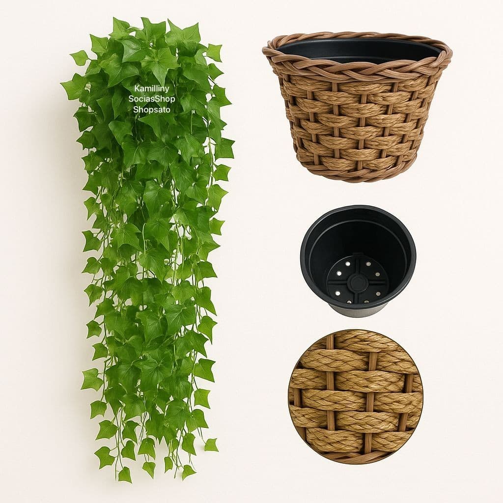 Kit 2 Vaso Trançado + 4 Plantas Pendente Verde Artificial Arranjo De Parede Folhagem Hera Enfeite