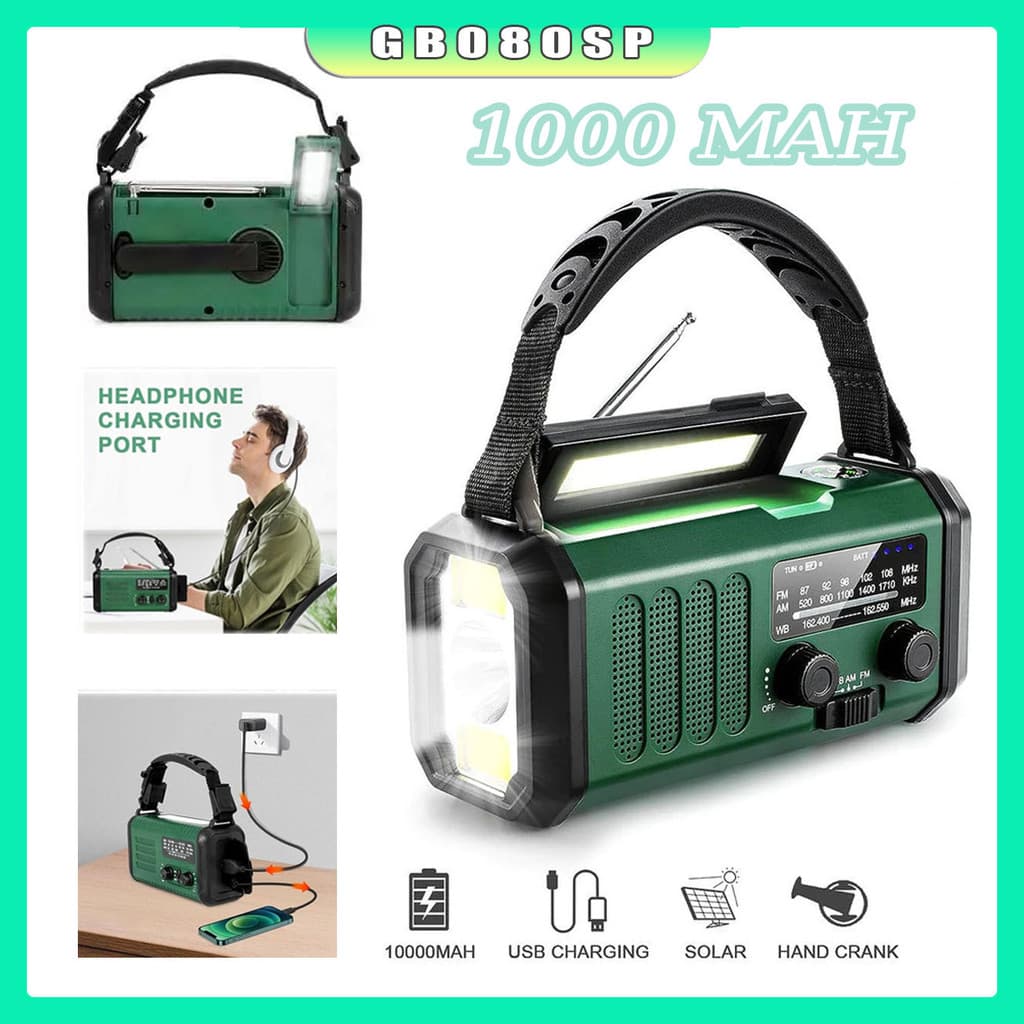10000mAh Multifuncional Rádio De Emergência Solar, Rádio De Manivela, Rádio AM/FM Tempo,, Carregamento Tipo C