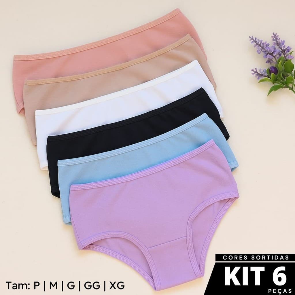Kit 6 Calcinha Algodão Infantil Juvenil Básica Usar Uniforme Dia a Dia Menina Juju Cor Sortida Lisa