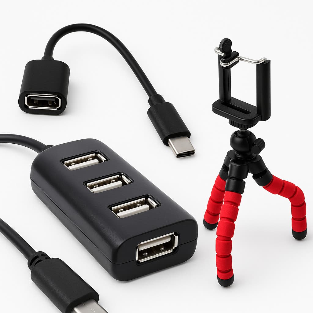 Kit Hub Usb 4 Portas + Cabo OTG Tipo C Para Usb + Tripé Flexível Suporte Celular Kit Mobilador