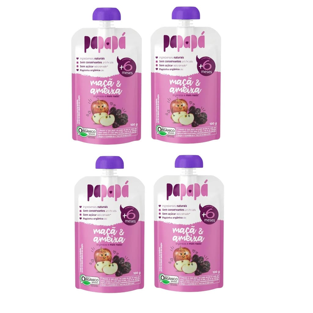 Kit 4x Papinha Orgânica Natural Maçã E Ameixa Papapá 100g