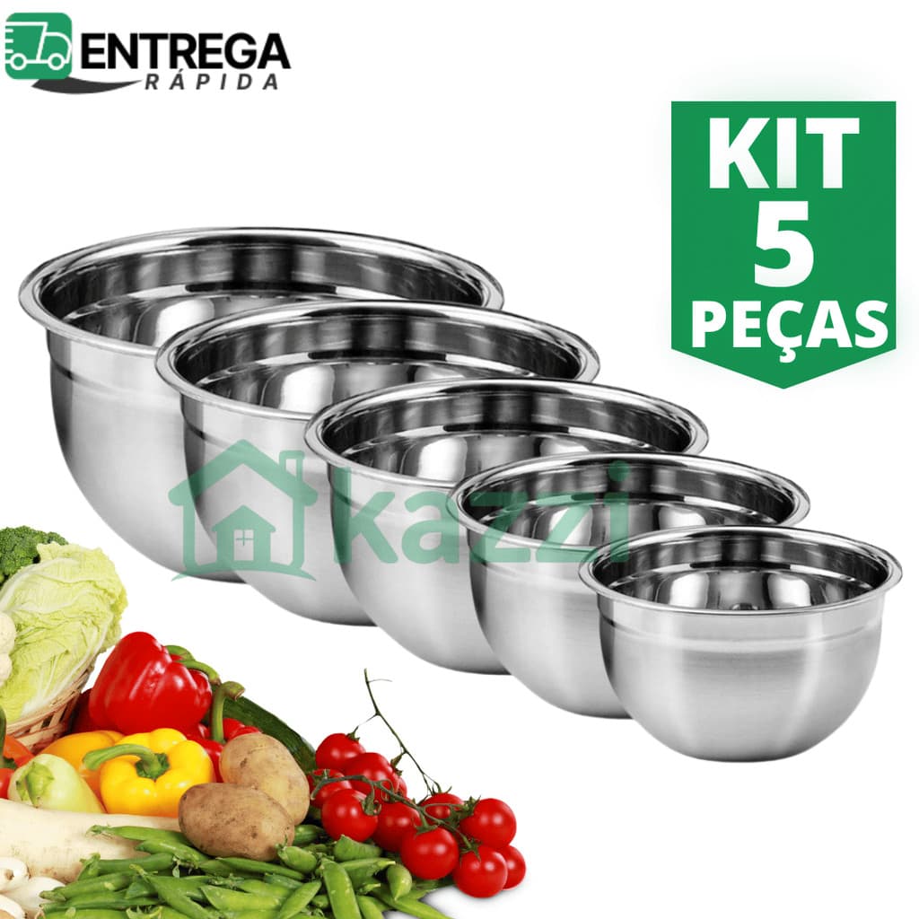 Kit 5 Peças Tigelas Inox  Bowl Empilhável 14cm 16cm 20cm 22cm 24cm Cozinha Multiuso