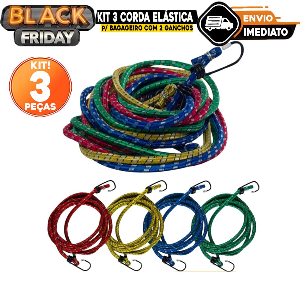 Kit 3 Corda Elástica p/ Bagageiro com 2 Ganchos Tam 1,50mt x 8mm Moto Motoboy Amarrar Bagagens Bike Coloridos 3 Unidades