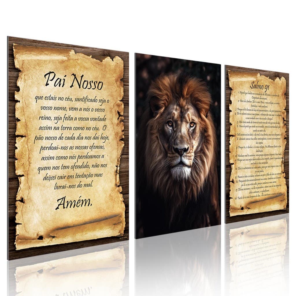 Kit Quadros Decorativos 3 Peças Salmo 91 Pai Nosso Leão de Judá Para Parede Quadro Cristão Para Sala Quarto