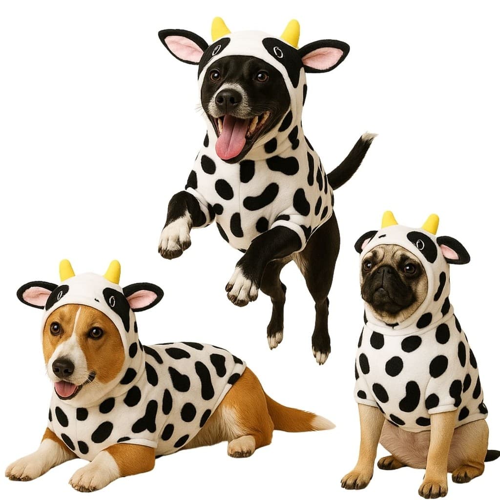 Roupa de Cachorro Gato Pet Fantasia Vaca Roupinha Quente com Capuz Frio Inverno Bordado