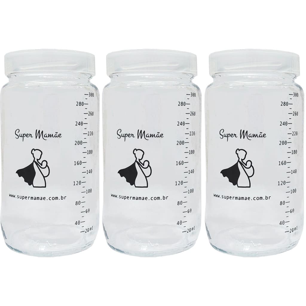 Potes Vidro para Armazenar Leite Materno Graduados 300ml  3 unidades Super Mamãe