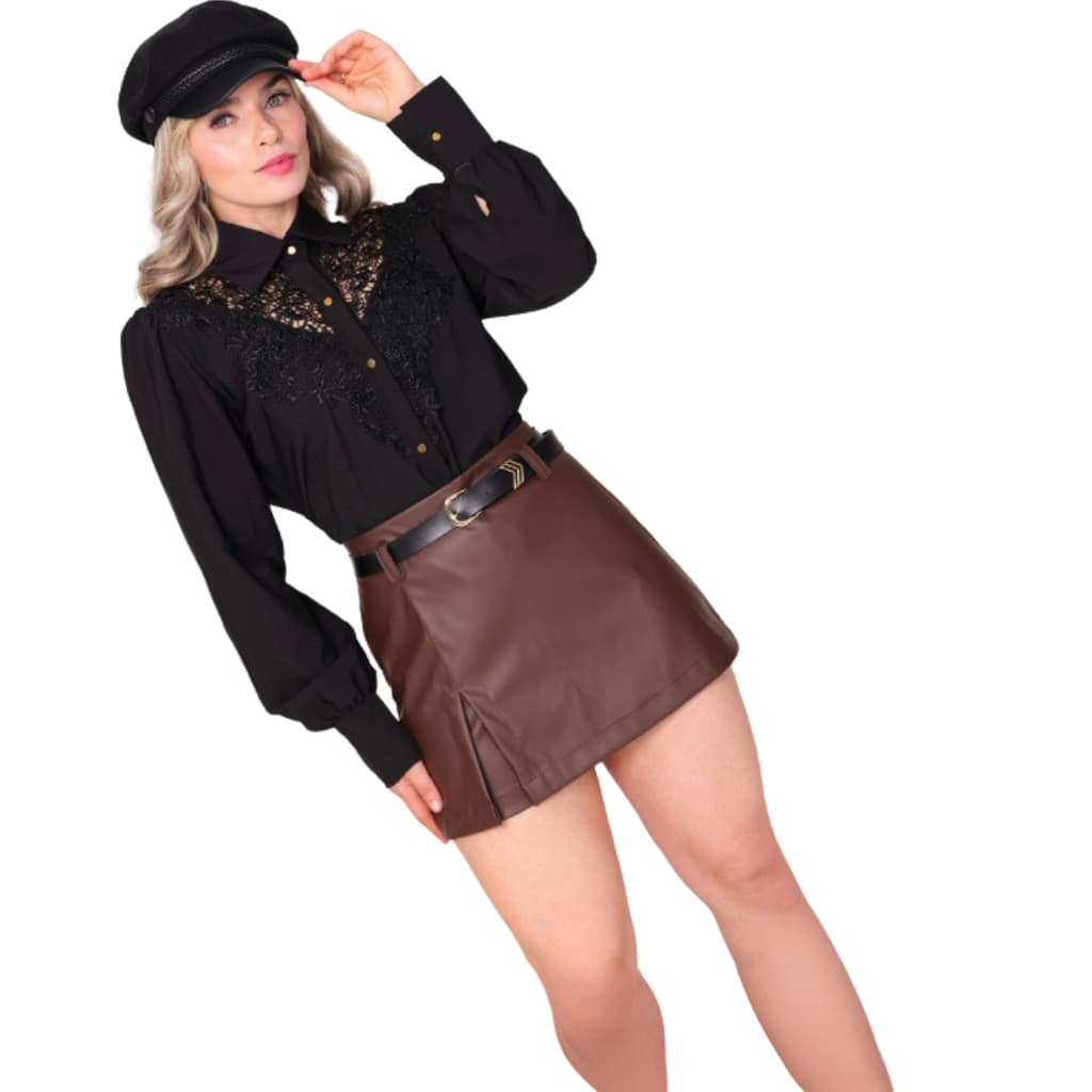 SHORT SAIA FEMININO EN COURO FAKE CINTURA ALTA MODA ELEGANTE PRA INVERNO 2026