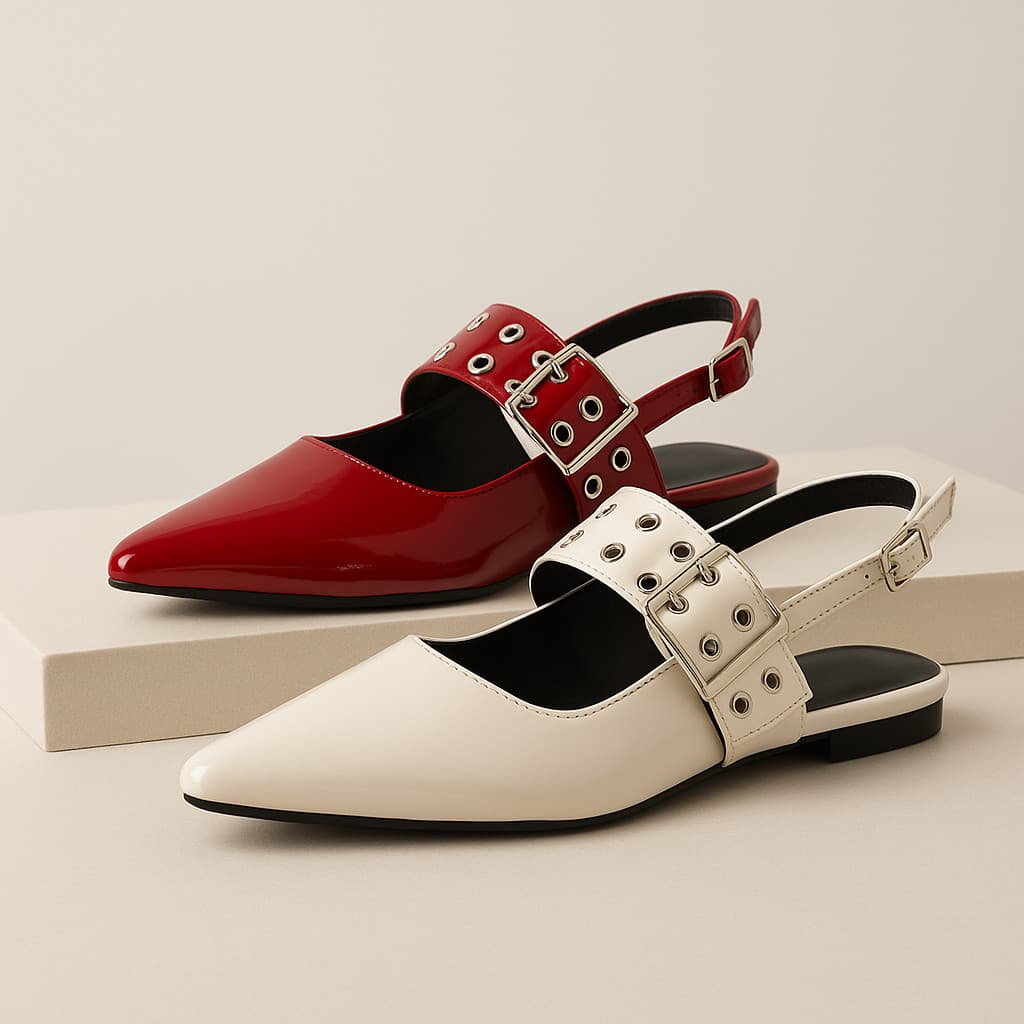 Sapatilha Slingback Mule Feminina Verniz Preta Bico Fino Fivela Moderna