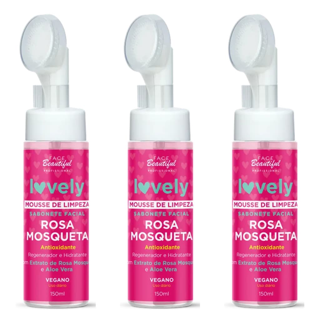 Sabonete Mousse Limpeza Facial Rosa Mosqueta Kit 3 Un 150ml Face Beautiful