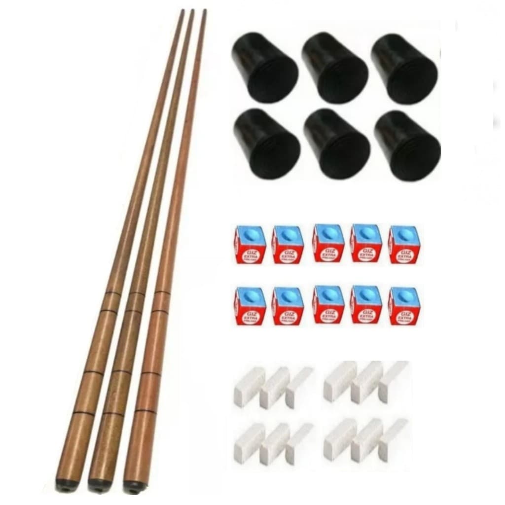 3 Tacos Bar Sinuca Snooker Ipê 1.45m + Kit Giz + 6  Virolas Ristas