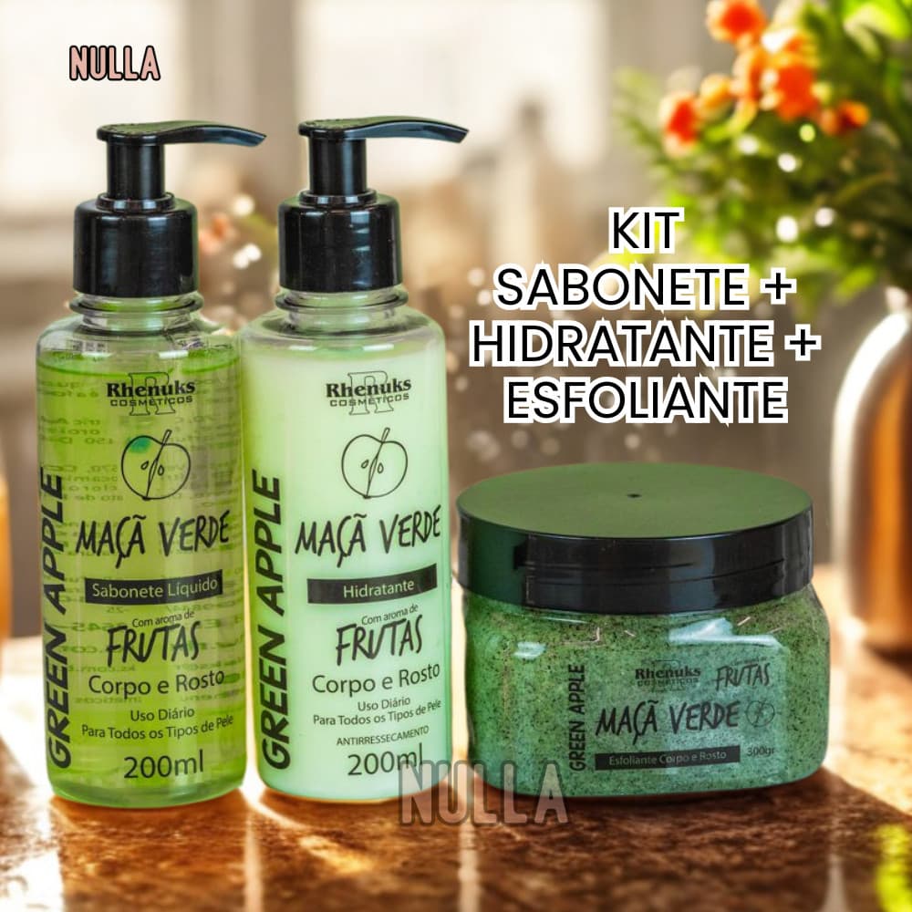KIT SABONETE + HIDRATANTE + ESFOLIANTE MAÇÃ VERDE CORPO E ROSTO RHENUKS