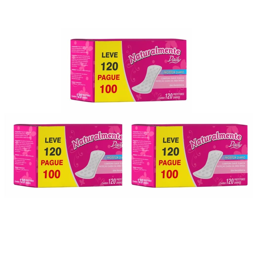 Kit C/3 Protetor Diário Naturalmente Daily 120Un - Evergreen