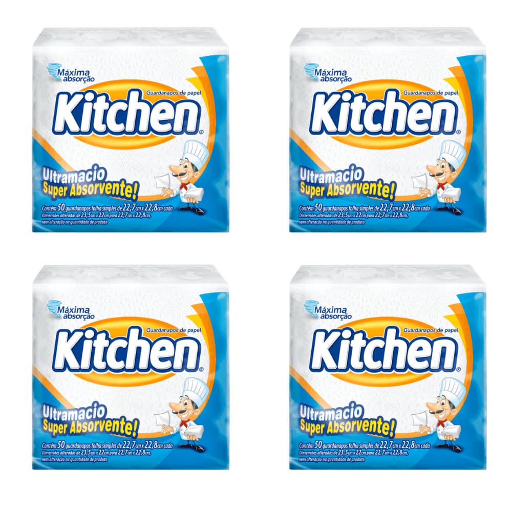 Kit 4 Pacotes de Guardanapo 22,7x22,8cm Folha Simples Kitchen com 50 folhas